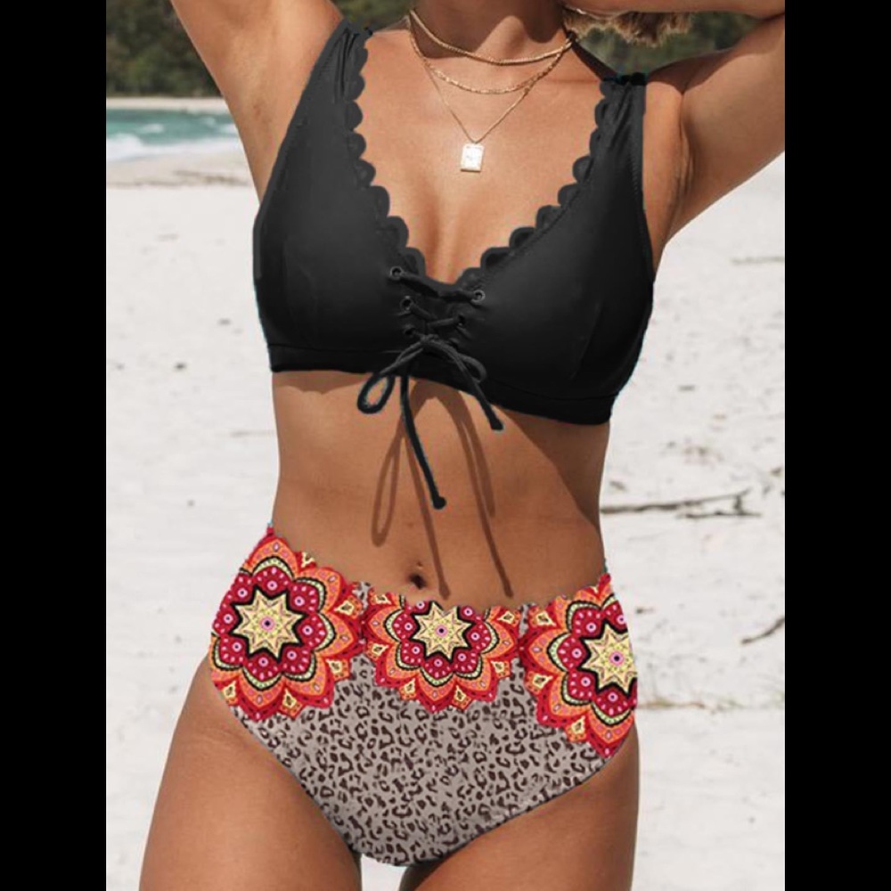 Leopard Floral tied front scalloped hem bikini set